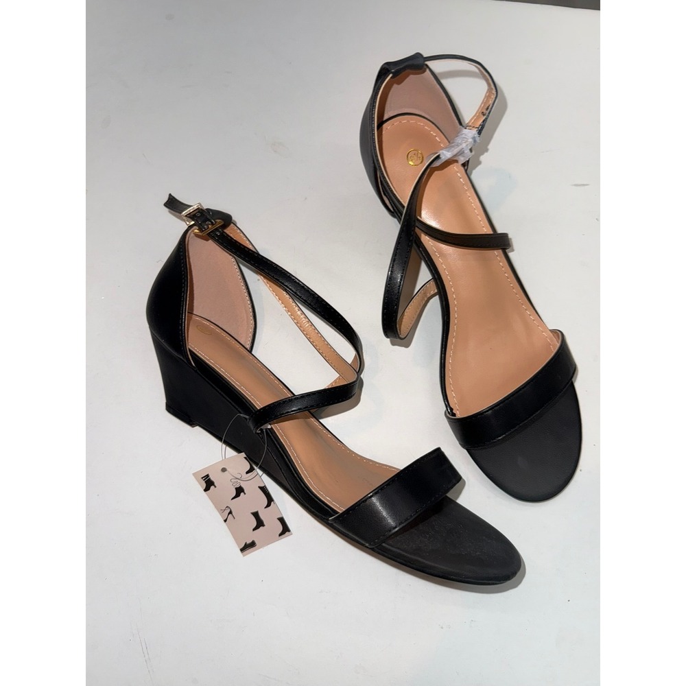MYSOFT New Womens 8.5 Black Faux Leather Strappy Mini Wedge Sandals Box#110 - Picture 2 of 5